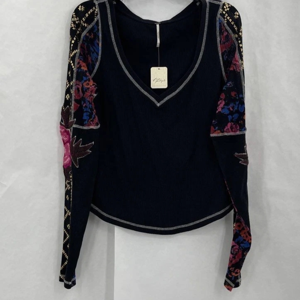Free People Black Embellished Fitted Long Sleeve Blouse